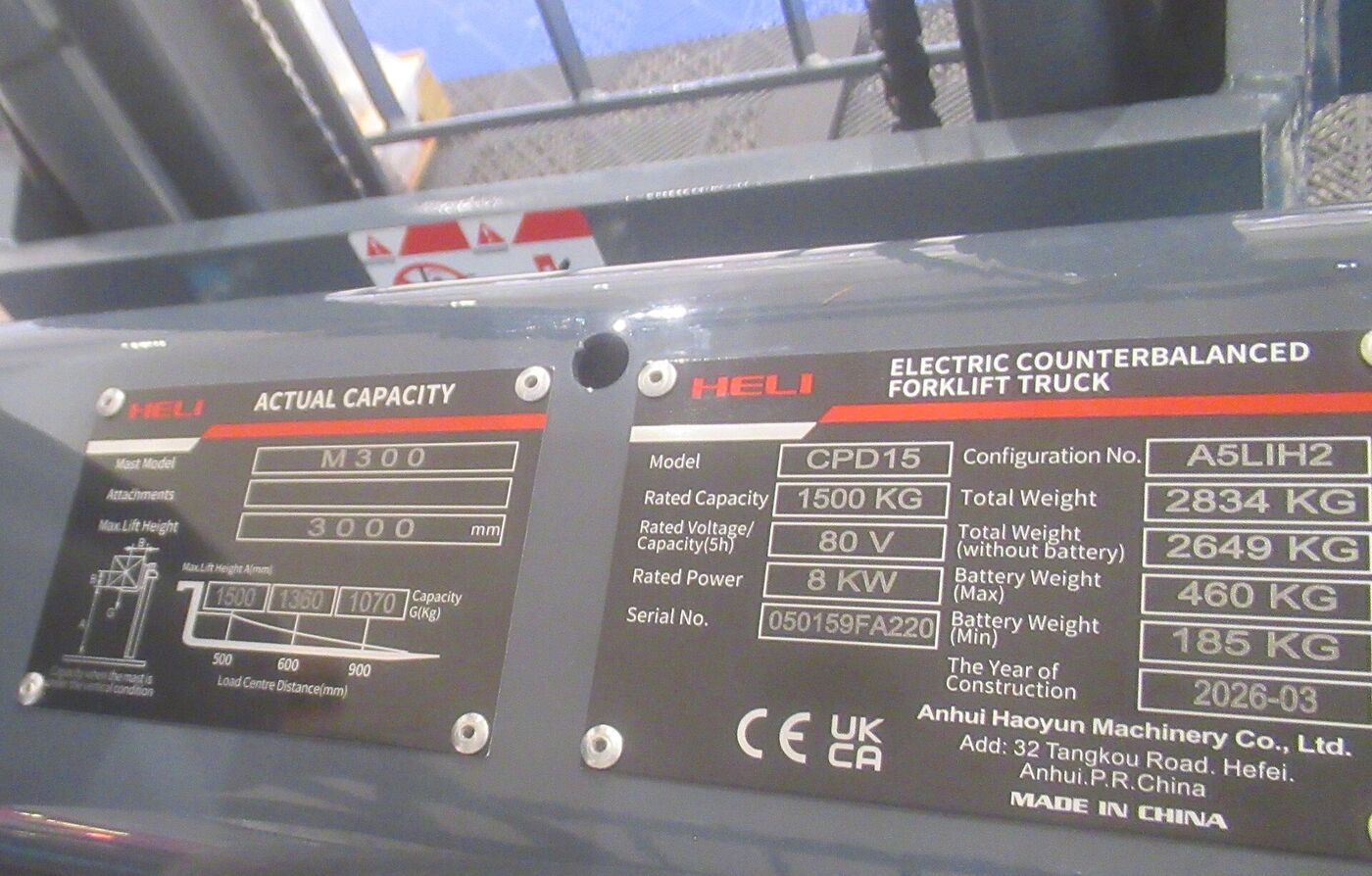 The capacity and data plate on an electric counterbalance forklift