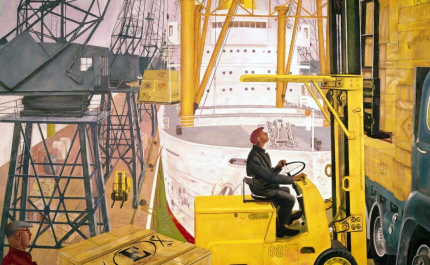 Mechanical handling at the docks, painting (oil painting)