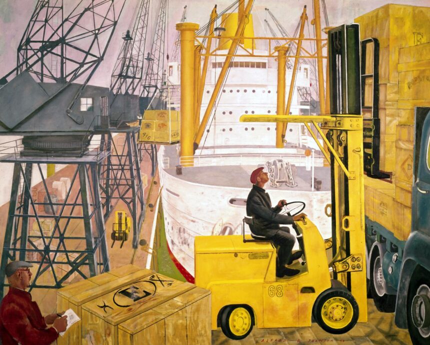 Mechanical handling at the docks, painting (oil painting)